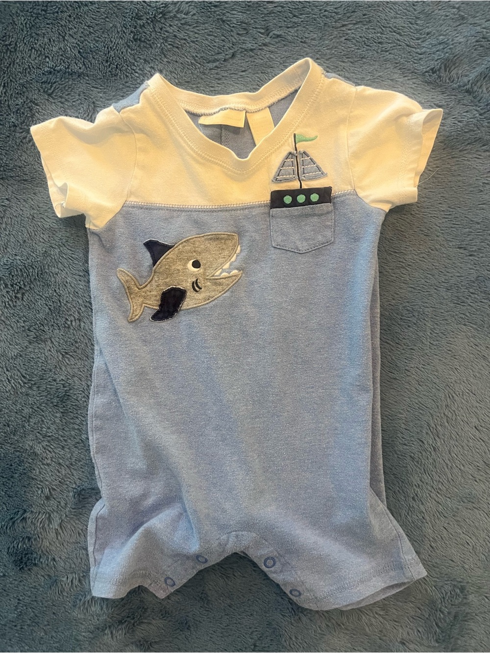 Macy's Light Blue and Cream Shark Appliqué Short Sleeve One-Piece